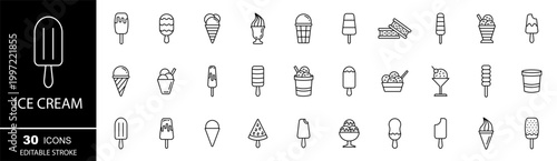 Ice cream icons. Frozen juice, ice cream on a stick, balls. Vector line icon ice cream