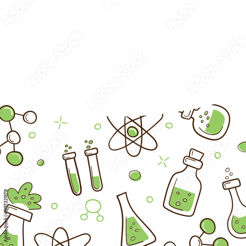 Cartoonish green science elements scattered across empty background, chemical template with a place for text