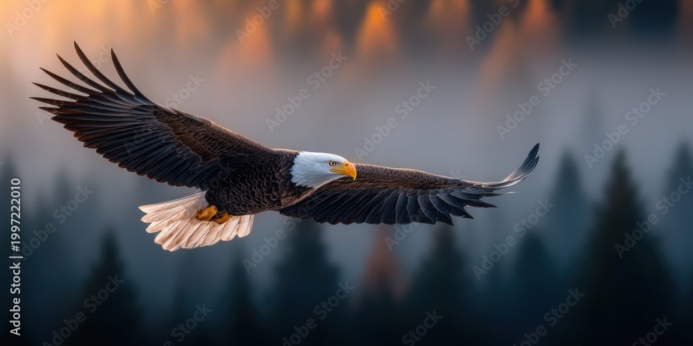Fototapeta premium Majestic bald eagle soaring gracefully over a misty forest at sunrise