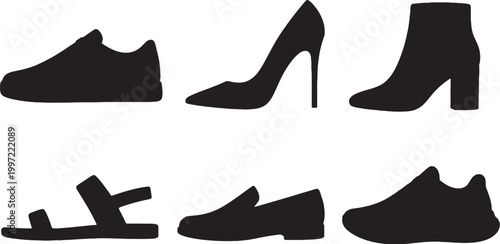 Black shoe silhouettes set sneaker stiletto ankle boot sandal loafer running shoe minimalist vector