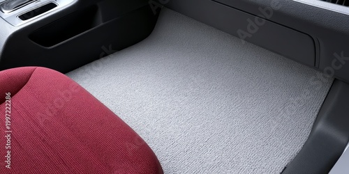 Close up of car floor mat with red cloth detail and white speckles in a vehicle interior