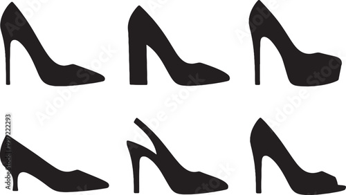 Black high heel silhouettes set stiletto block platform kitten slingback peep toe minimalist vector