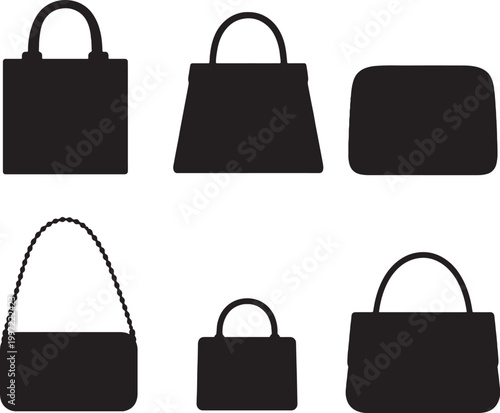 Black luxury handbag silhouettes bundle structured bag top handle flap mini chain strap purse vector set
