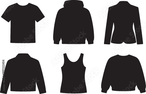 Black clothing silhouettes set t shirt hoodie blazer jacket tank top sweater minimalist vector