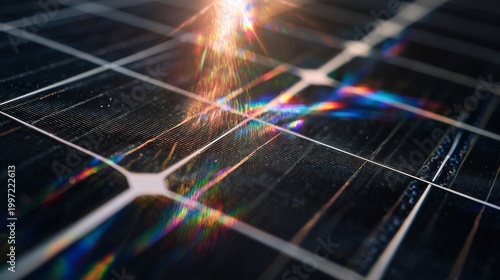 Close-up of a solar panel. Sunlight refracts into vibrant colors against a dark, textured surface, hinting at energy