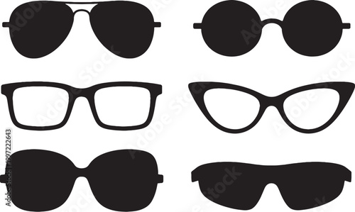 Black eyewear silhouettes set aviator round square cat eye oversized sport sunglasses minimalist vector