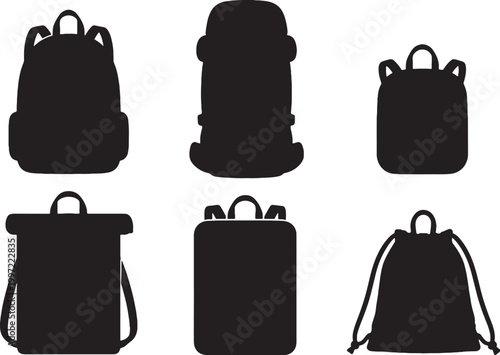 Black backpack silhouettes set school hiking mini roll top laptop drawstring minimalist vector