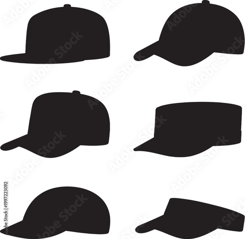 Black cap silhouettes bundle snapback dad cap trucker military cycling visor hat vector set minimal illustration