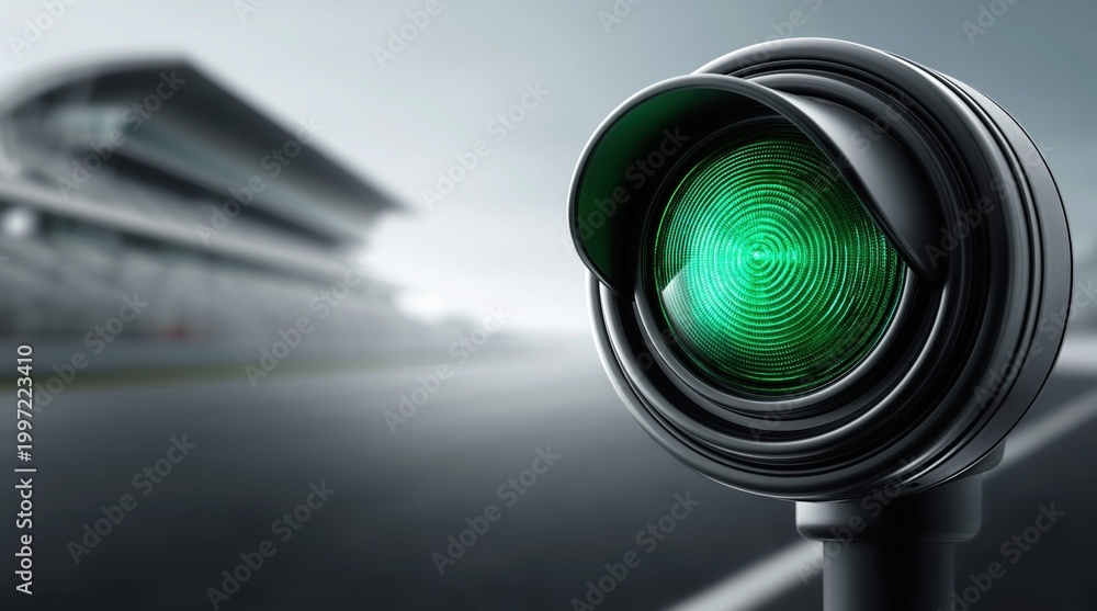 Fototapeta premium Close up of a green traffic light on a race track with stadium in background
