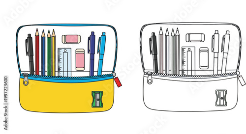 Pencil Case with School Supplies Set Illustration - Colorful and Line Art Versions for Coloring Page, School Stationery Icons for Back to School Concept Vector