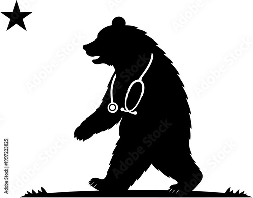 California Bear Doctor with Stethoscope Silhouette Vector