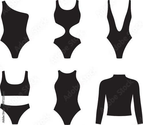 Advanced Swimwear Silhouettes Set One Shoulder Cut Out High Leg Bikini Rash Guard Vector Bundle