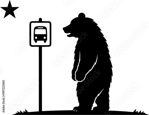 California Bear Waiting at Bus Stop Silhouette Vector