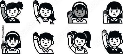 Diverse Children Raising Hands Icons: Education, Questions, Answers, Participation