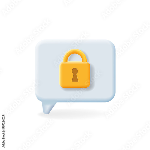 3D speech bubble. vector talking box, chatting box, message dialog balloon with yellow padlock . Secure communication, privacy, protected messages, data security, chat protection and encrypted messagi