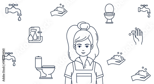 Hygiene and sanitation services illustration with woman and bathroom icons for cleaning and health awareness