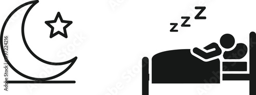 Nighttime Sleep Icon: Moon, Star and Person Sleeping in Bed