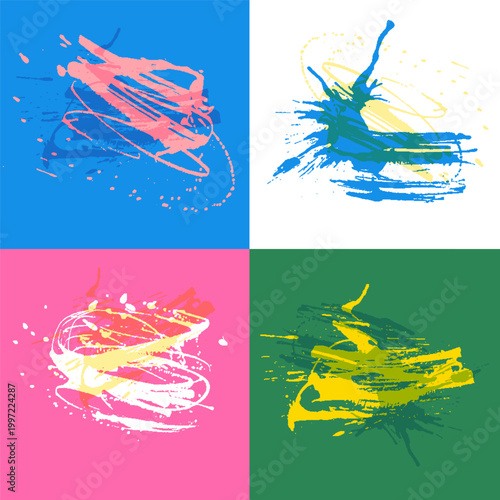 Abstract Grunge Paint Splatter Set With Artistic Ink Textures Vector Illustration. Vibrant pop art style brush strokes on colorful background squares. Perfect for banners, flyers and social media