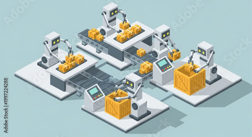 Automated Factory Robots Working on Production Line.