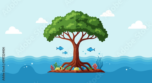 Tree on Small Island in Ocean.