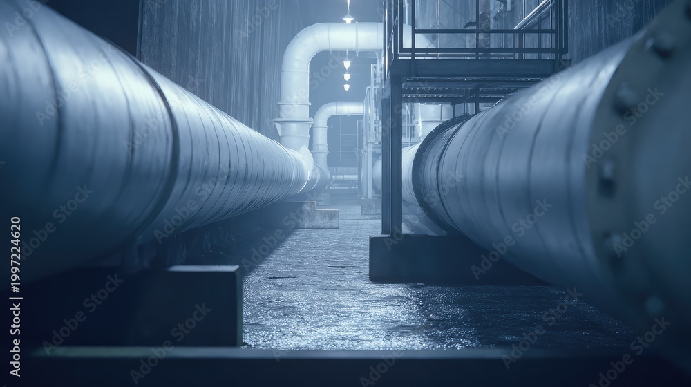 Obraz premium Industrial pipes running through a utility underground corridor