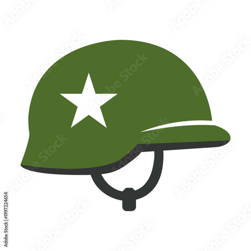 Iconic vector illustration featuring a green military helmet with a white star and chinstrap on a white backdrop for flat design.
