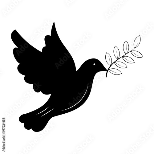 Minimalist vector line art design featuring a black hand-drawn flying peace dove holding an olive branch on a white backdrop