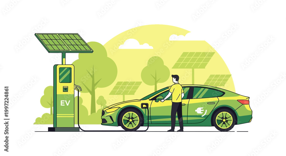 Obraz premium Electric car charging at solar powered station, eco-friendly transport concept