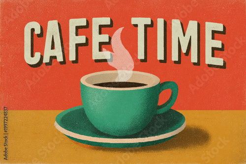 Cafe Time - A steaming cup of coffee in a vibrant cafe setting evokes a sense of comfort and relaxation, perfect for a moment of pause.