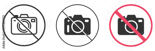 no photo icon forbidden camera symbol ban photography signs, prohibited take photo symbols with stop recording icons, black and red warning colors, bold vector sign set for security, privacy