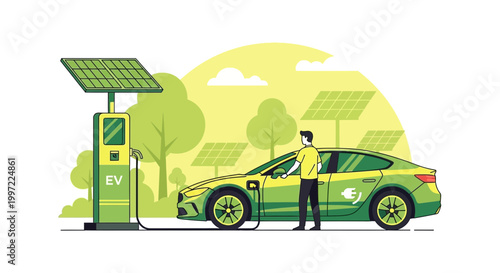 Electric car charging at solar powered station, eco-friendly transport concept