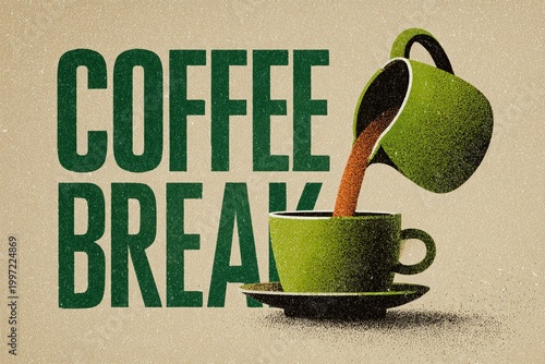 Coffee Break Illustration: A vibrant illustration showcasing the words Coffee Break accompanied by a steaming cup and a flowing pot. The scene evokes a moment of relaxation.