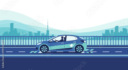 Electric Car Driving on Highway with City Skyline Background