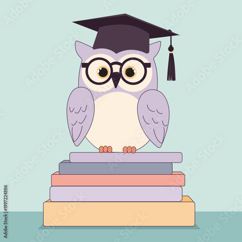 Illustration of an owl wearing glasses sitting on books