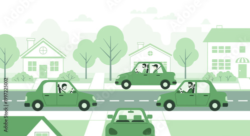 Green Cars Driving in Suburban Neighborhood with Houses and Trees