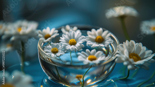 Chamomile Daisies in a Glass Bowl with Blue Bokeh Background, Representing the Fresh, Natural and Calming Still Life Flower Theme
