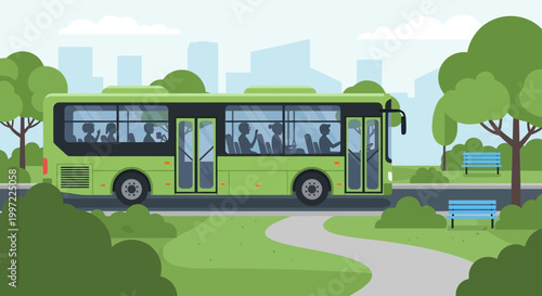 Green City Bus with Silhouettes of Passengers Driving Through a Park