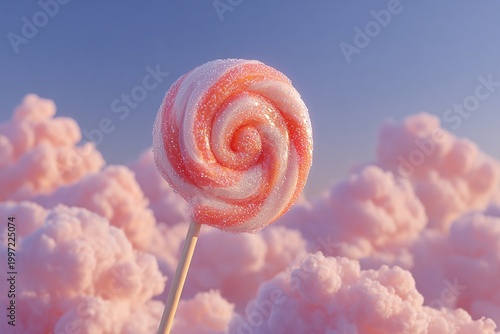 Candy Dreamscape: A captivating swirl lollipop floats amidst fluffy pink clouds in a whimsical, pastel-toned paradise, evoking a sense of childlike wonder and sugary delight.