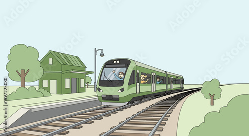 Green commuter train arriving at a rural station with passengers visible inside