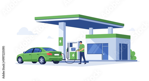Green electric car charging at modern eco-friendly gas station with solar panels