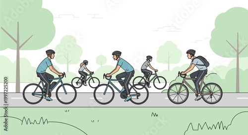 Group of cyclists enjoying a ride on a paved path through a park on a sunny day.