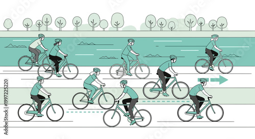 Group of cyclists riding on a scenic bike path next to a river