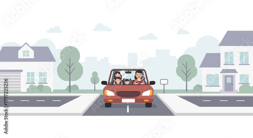 Happy Family Driving Car on Suburban Street with Houses and Trees