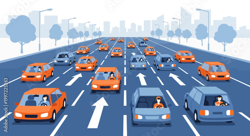 Heavy traffic jam on a multi-lane highway with cars and city skyline