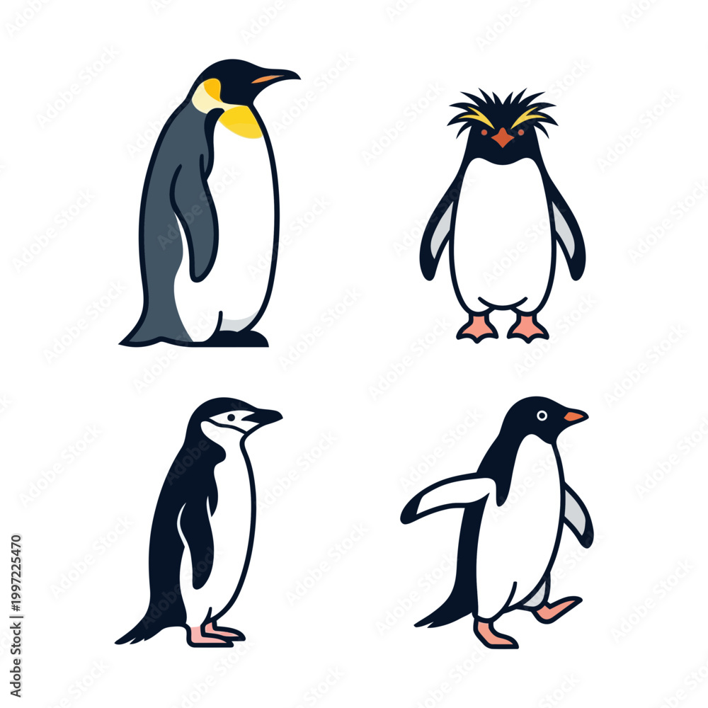Obraz premium Diverse Collection of Adorable Cartoon Penguin Illustrations Showcasing Various Species in Fun and Playful Poses, Ideal for Creative Design Projects