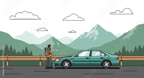 Hiker with backpack stranded by broken car on mountain road, travel concept