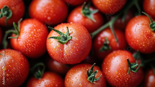 Macro Close-Up of Fresh Red Tomatoes with Water Droplets, Representing the Natural Texture and Freshness of Organic Vegetables and Healthy Ingredients