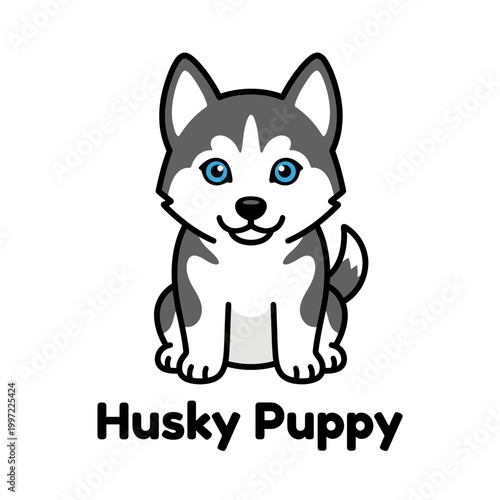 Adorable cartoon puppy illustration featuring a happy Siberian husky with captivating blue eyes, sitting front and center, perfect for children's designs and pet-themed projects