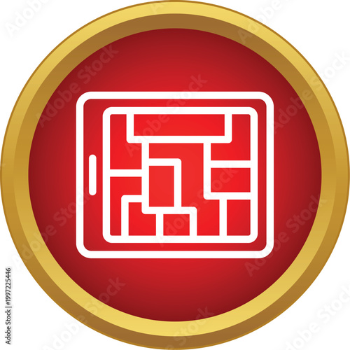 Tablet device showing a map interface for gps navigation, placed inside a red circle with a golden border