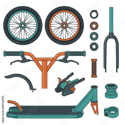 Comprehensive set of disassembled stunt scooter and BMX bike parts, including wheels, handlebars, forks, deck, and brakes, ideal for maintenance, repair, and custom build projects